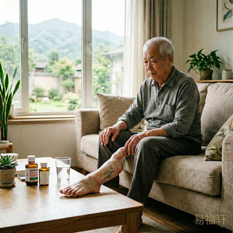 一位76岁老人坐在客厅沙发上，脚踝浮肿明显，茶几上摆着药瓶和半杯水，窗外天已大亮但老人精力不济