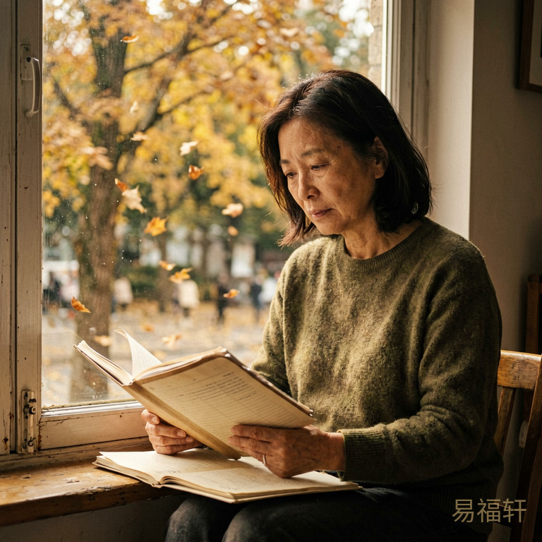 一位中年女性坐在窗边翻看存折,神情若有所思,窗外的树叶随风飘落,画面温暖略带感伤