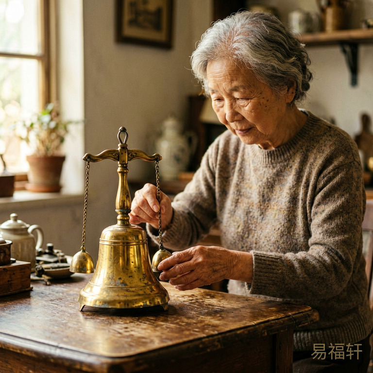 一位年长女性在整理家中的老物件,一个铜钟的摆件放在桌角,光线温暖柔和