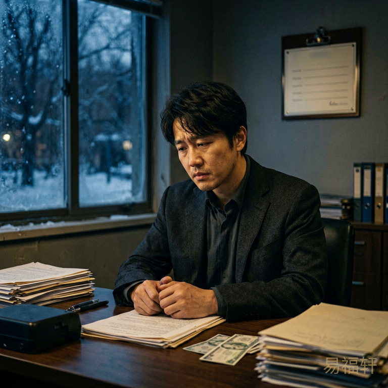 凌晨寅时一个辛金命格的男人独自坐在办公室里,窗外是冬天凌晨的暗色,桌上堆满文件和钱,但墙上的职位牌是空白的,神情疲惫而迷茫,冷暖对比的光线打在脸上