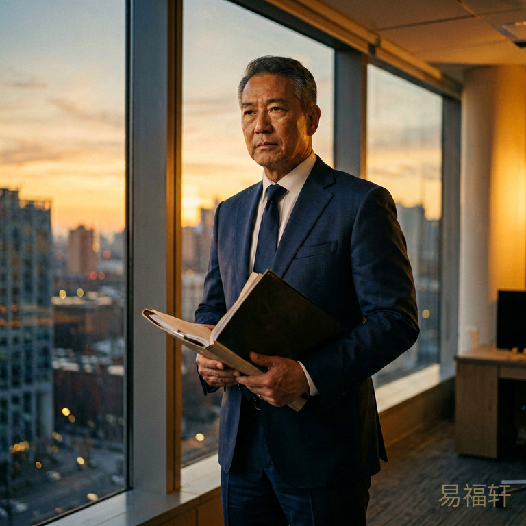 傍晚酉时一个辛金命格的成熟男人站在高层办公室落地窗前,窗外是冬日黄昏的暖色调天光,室内光线温暖,他手拿文件夹神情笃定,西装革履气度不凡,火炼真金的强者气质