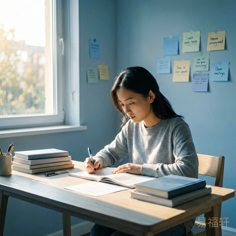 清晨阳光透过窗户照在书桌上,一个女生坐在书桌前专注学习,桌上堆着书本和试卷,墙上贴着励志便签,整个画面温暖明亮充满希望