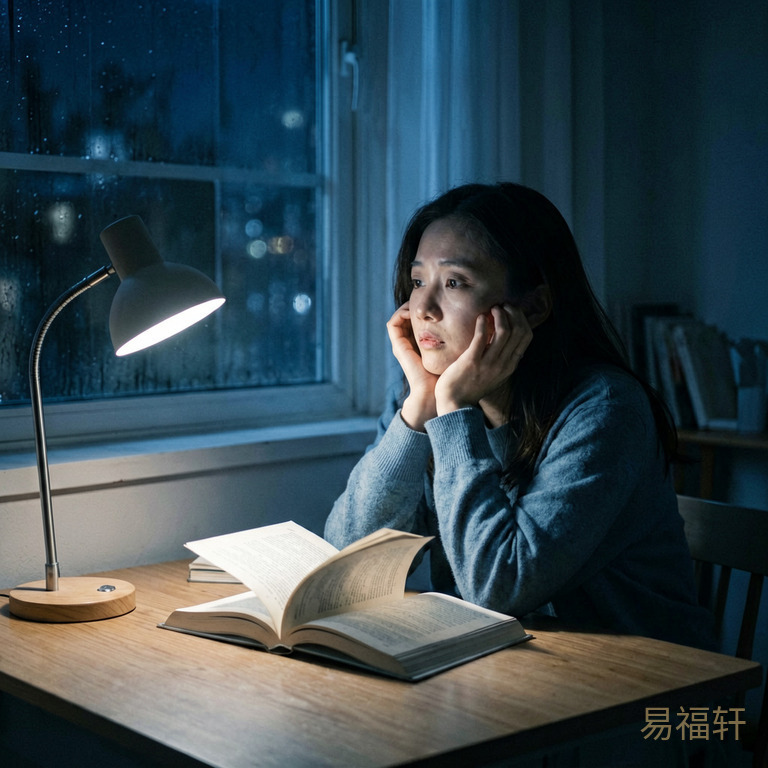 深夜里一盏孤灯亮着,书桌上摊开的书被风翻到一半,女生托着腮望向窗外发呆,表情有些迷茫,窗外夜色浓重带着一丝凉意