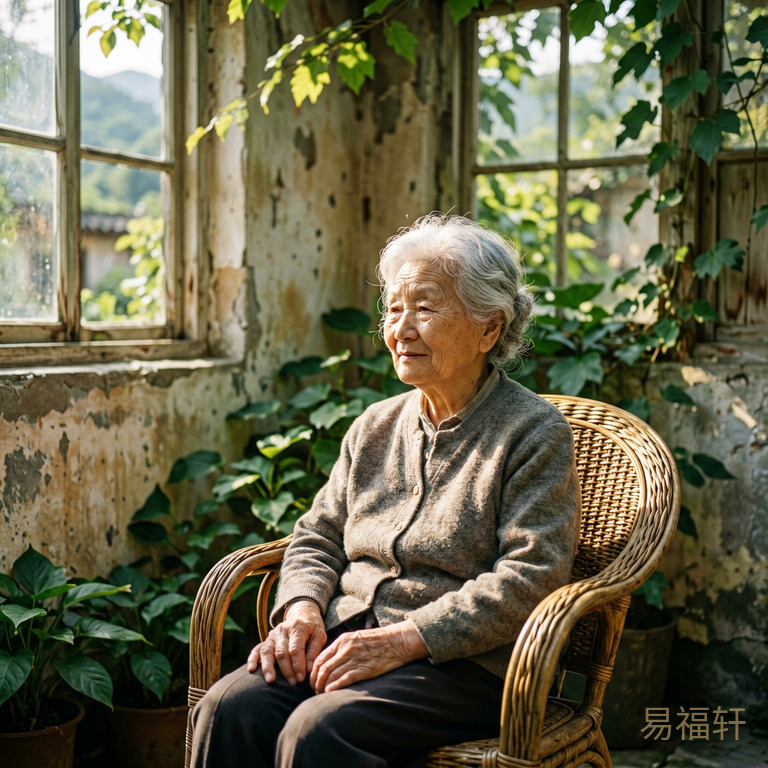 满头银发的老太太坐在老院子里的藤椅上,九月的阳光透过树叶洒在她安详的脸上,身后是斑驳的老墙和茂密的绿植
