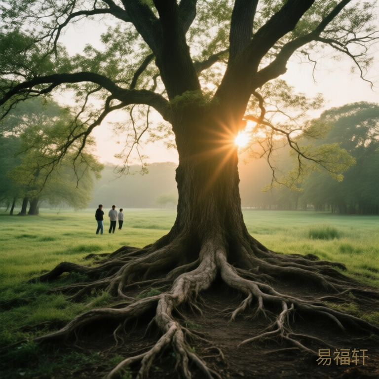 一棵百年老树,树根裸露在地面上盘根错节,树干粗壮但枝叶稀疏,夕阳从树冠缝隙中透出光芒