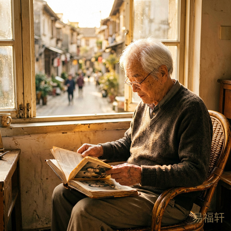 一位白发老人坐在老式藤椅上翻看旧相册，窗外是老街区的午后阳光