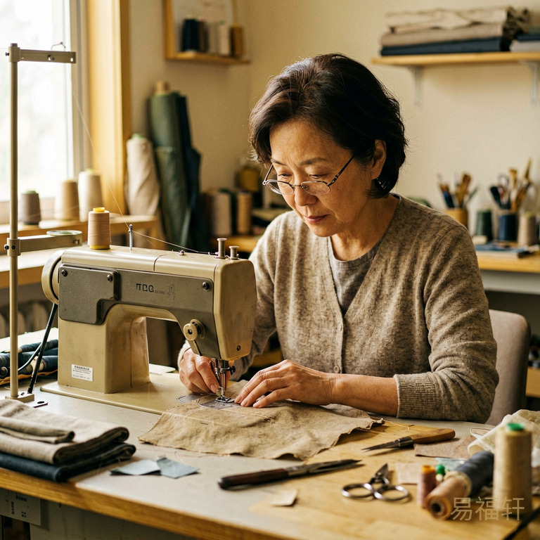一位中年女性在缝纫机前专注工作，桌上摆满了布料和工具