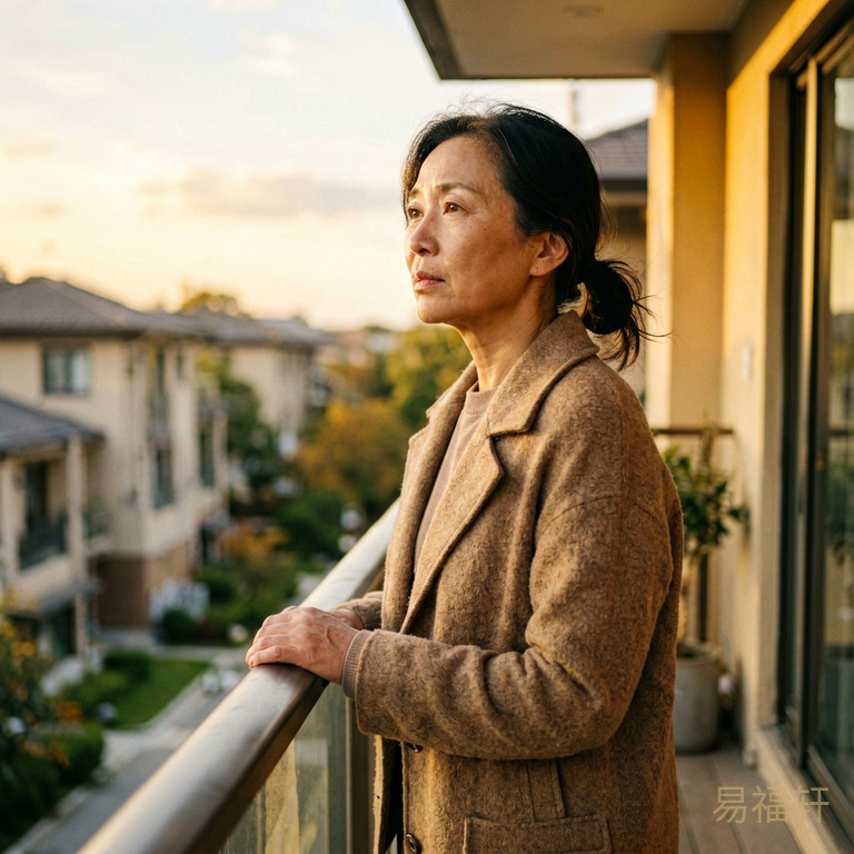 六十岁左右的女性站在新家的阳台上眺望远方，表情释然而复杂