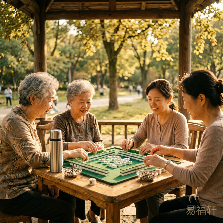 老奶奶和闺蜜们在公园凉亭下打麻将，桌上放着保温杯和瓜子，阳光透过树叶洒在桌面上
