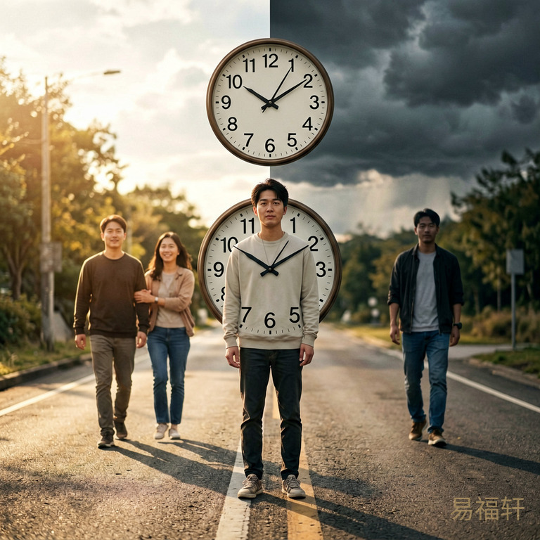 一个青年男人站在分岔路口，左边阳光灿烂有人在背后扶持，右边乌云密布独自前行，画面中间是时钟指向不同时刻