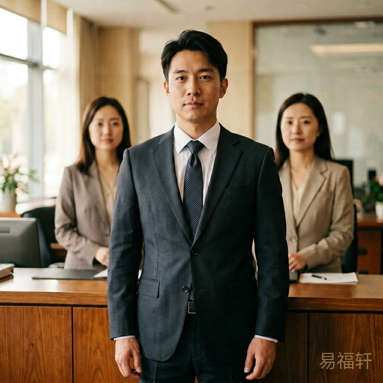 同一个青年男人站在政府机关或大公司前台，穿着正装，表情沉稳自信，身后有女性形象隐隐支持和鼓励