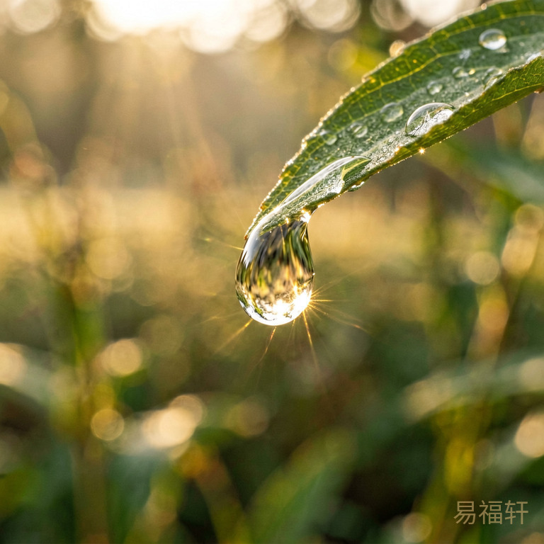 清晨叶片上一颗摇摇欲坠的露珠,阳光穿透水珠折射出微光