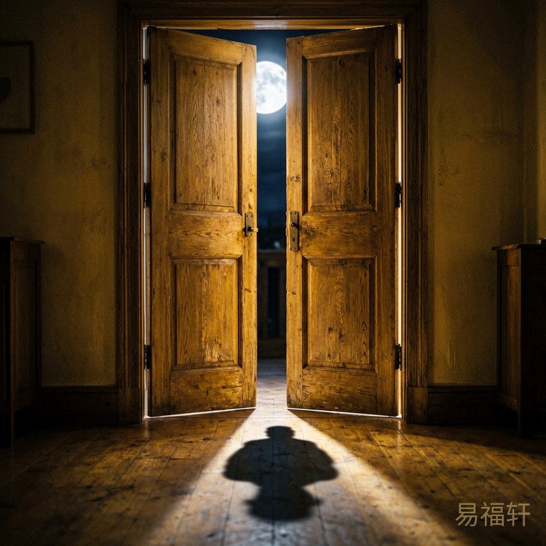 一扇半开的木门,月光从门缝泻入暗室,地上投下半个模糊的人影