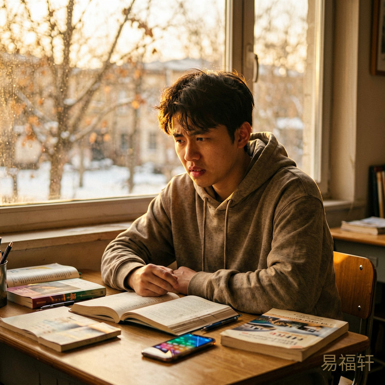 一个穿卫衣的男生坐在书桌前，窗外是冬天枯枝，桌上散落课本和亮着的手机，表情在纠结和焦虑之间