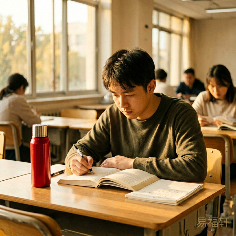 一个男生在安静的自习室里专注看书，桌上放了红色保温杯和整齐的笔记，窗外透进午后暖光