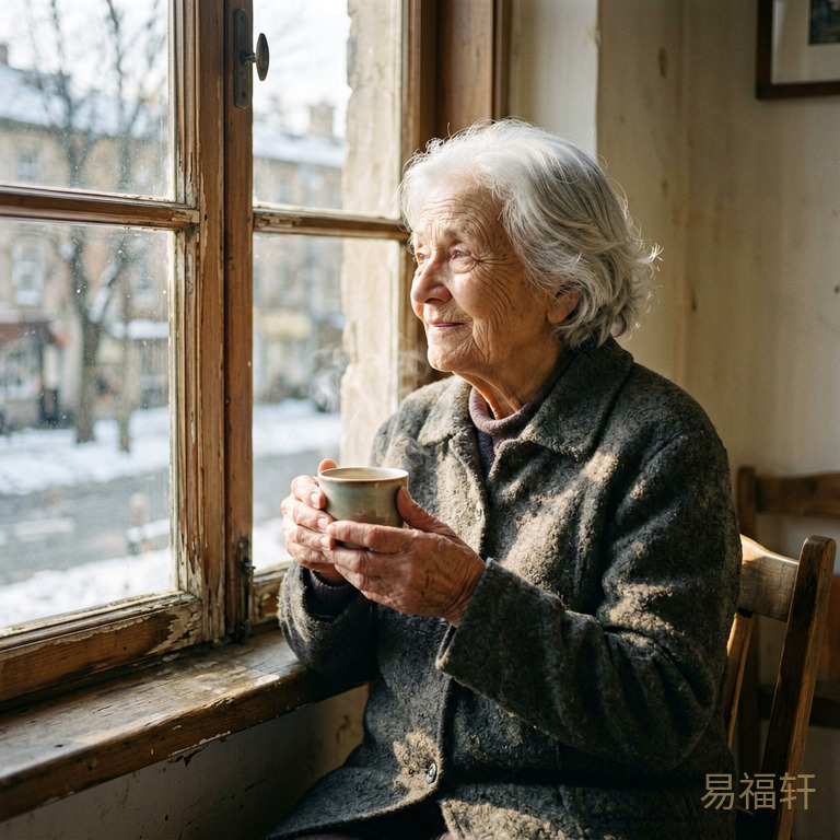 冬日清晨,一位白发老妇人坐在老旧的木窗前,阳光斜斜地照进来,她双手捧着一杯热茶,眼神望向远方