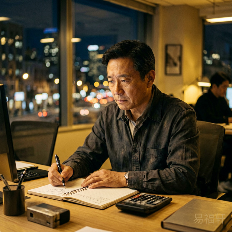 一个中年男人深夜坐在办公桌前，窗外城市灯火，面前摆着账本和计算器，神情专注沉稳