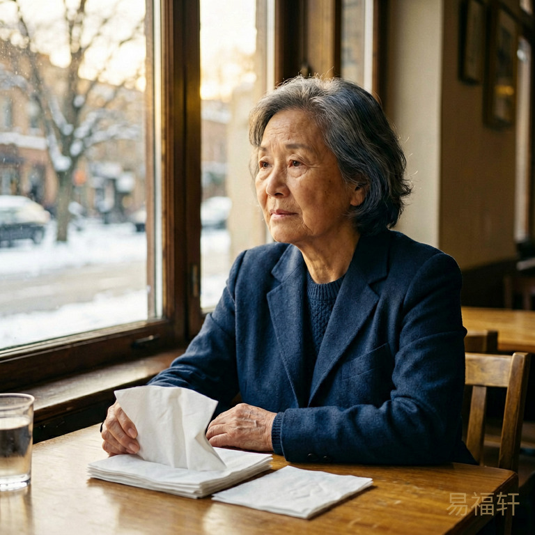 一位70岁女性坐在窗边桌前，面前放着几张白纸巾，神情平静中带着思索，窗外是冬日柔和的阳光