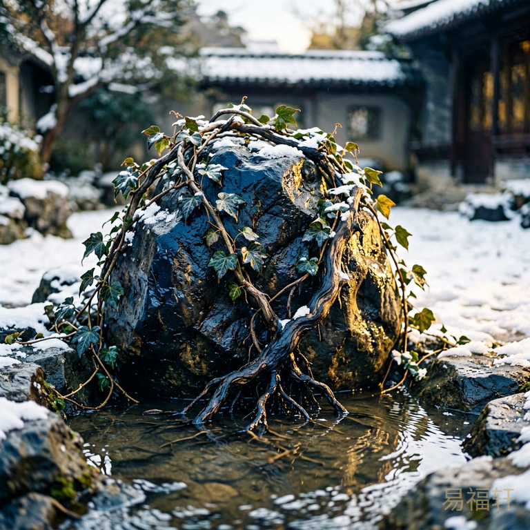 冬日庭院中一株藤蔓绕在湿润的石头旁，根部有浅浅的水洼，代表乙木得亥水滋润生长