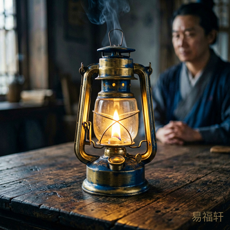一盏煤油灯静静燃烧，灯芯稳定明亮，置于深色木质桌面上，象征丁火食神的才华坚实不灭