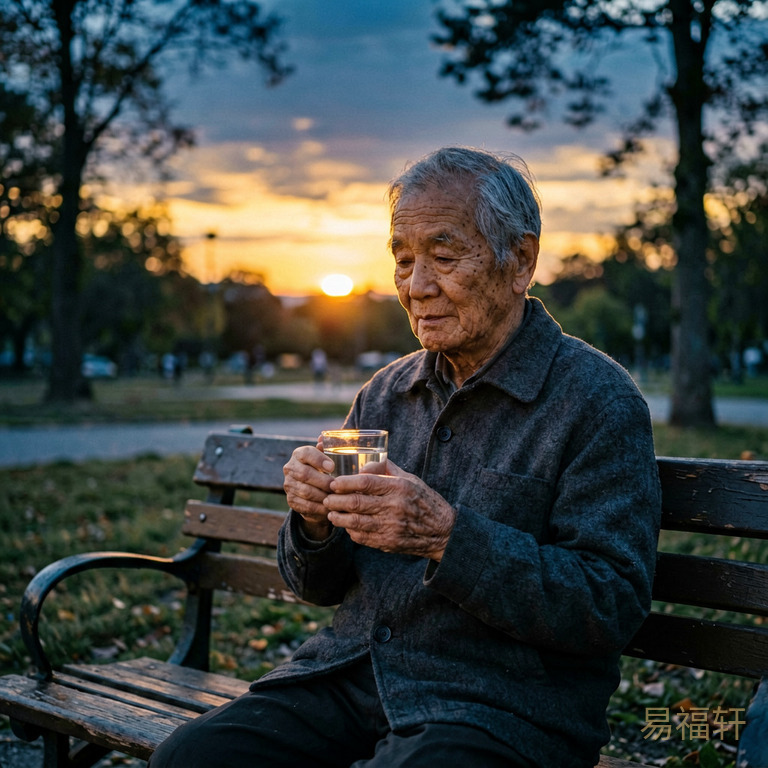 晚霞映照下一位老人坐在公园长椅上，手里捧着一杯温水，神情安宁