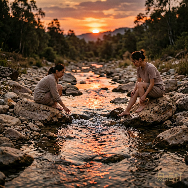 夏日黄昏的溪流,细水穿行于干燥的河床石块间,水面上映着最后一道橙红色的日光