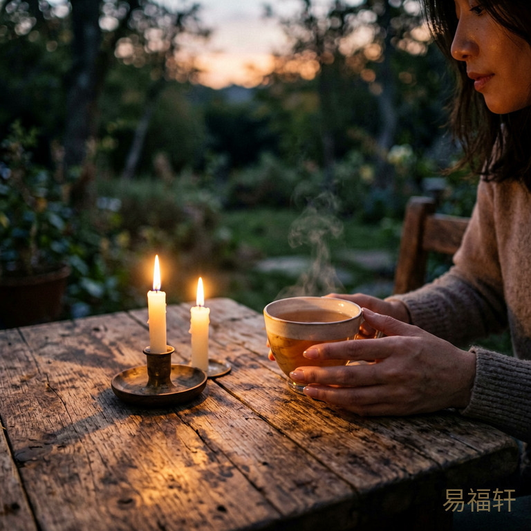 两盏烛火在暮色中摇曳,光影交叠投在木桌上,一只手中握着杯茶安静地坐在光与影之间