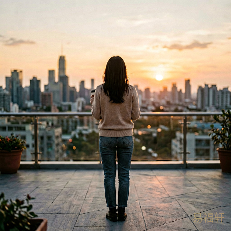 女性站在开阔的露台上背对镜头,远处是城市天际线和落日,她手里端着咖啡杯,姿态从容放松
