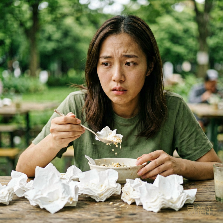 一个人吃饭时桌面上堆满纸巾,表情困惑地看着自己的手