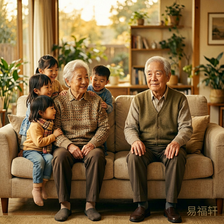 两位老人坐在客厅沙发上，一个身边围着儿孙热热闹闹，一个独自端坐表情平静，画面左右对比强烈