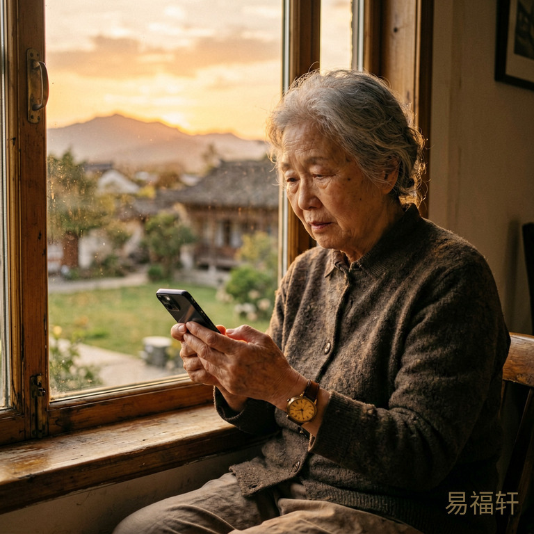 老妇人坐在窗边看手机，表情落寞，窗外是夕阳余晖，手上戴着一只老式手表