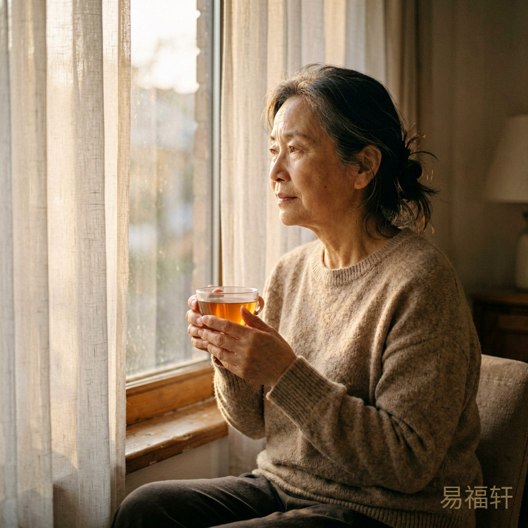 一位六十多岁的女性独自坐在窗边,晨曦透过半开的窗帘照在她侧脸上,手里捧着一杯温热的茶,神情平静中带着几分若有所思的怅然