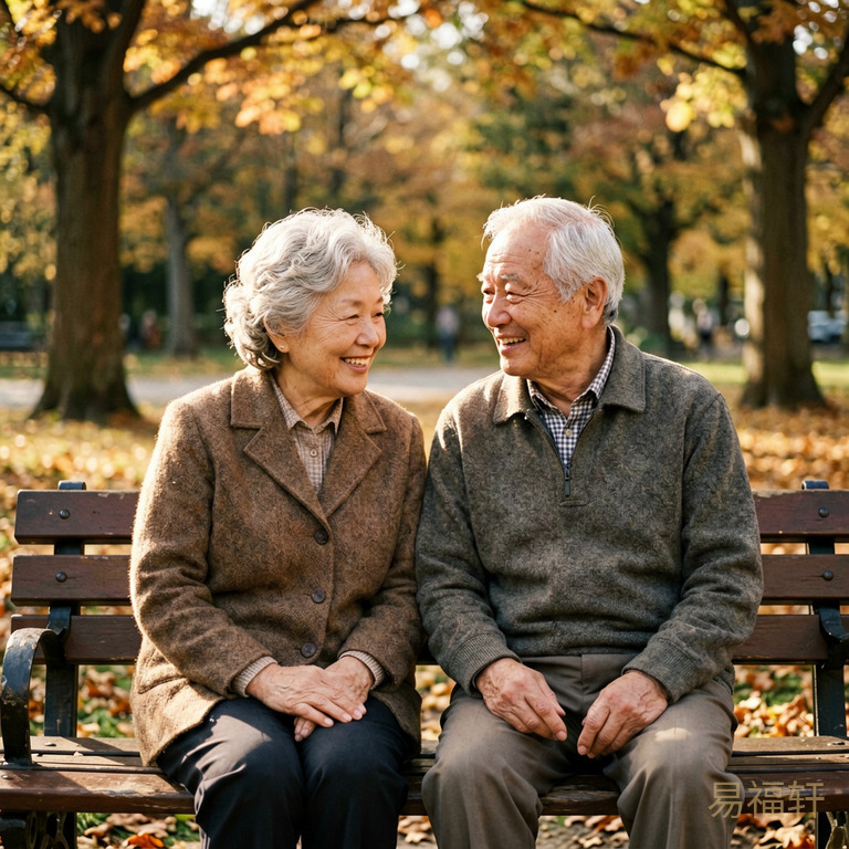 一对老年夫妻并肩坐在公园的长椅上,秋天的阳光透过树叶洒在他们身上,两人没有对视也没有交谈,但肩膀的距离很近,是几十年磨合之后才有的那种自然的默契