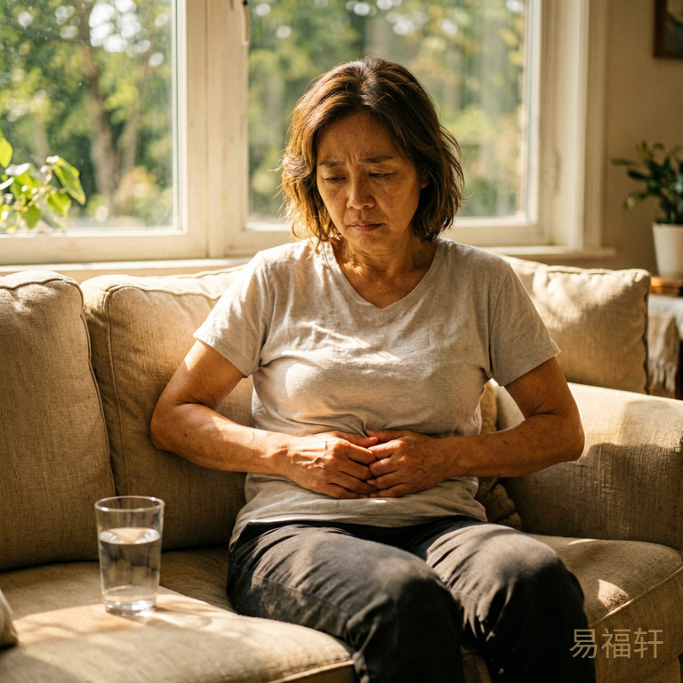 一位中年女性坐在沙发上揉肚子,面带疲倦,旁边放着一杯温水,窗外是夏日阳光