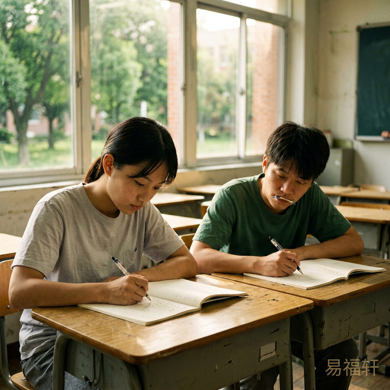 两位学生坐在同一间教室考试，一个从容写题，一个咬笔头发呆，阳光从窗户斜照进来，形成鲜明对比
