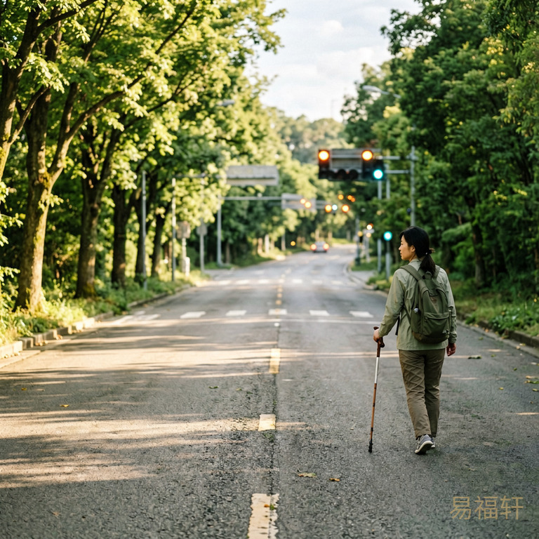 一个分岔路口，左边一条路上有阳光和树木，右边一条路上有拐杖和远处亮起的灯