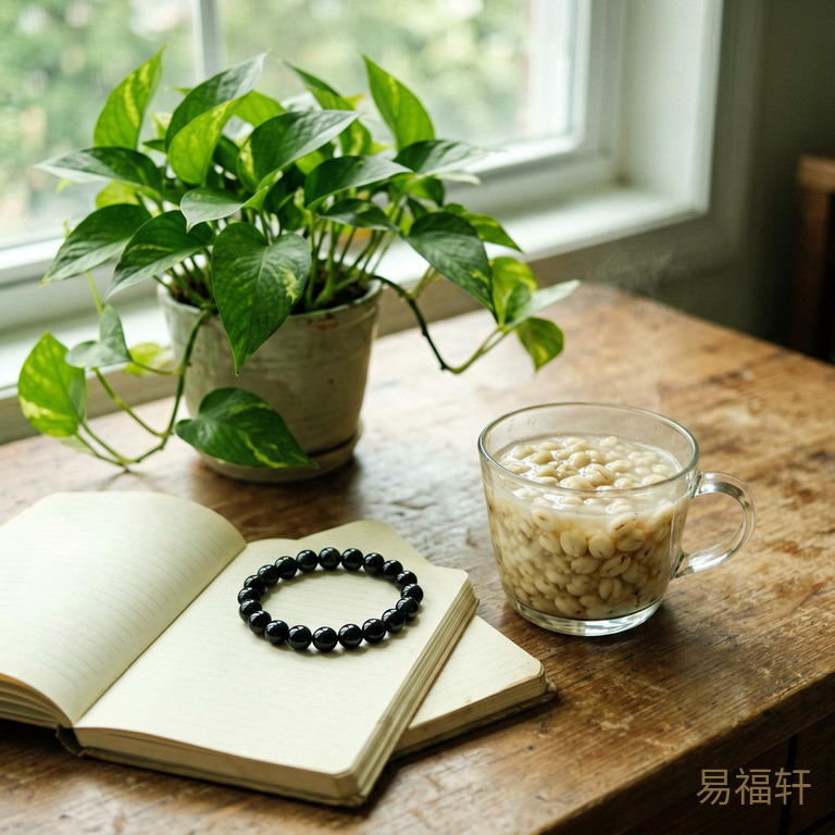 书桌上摆着一盆绿萝、一串黑曜石手链、一杯莲子羹，旁边放着一本翻开的笔记本