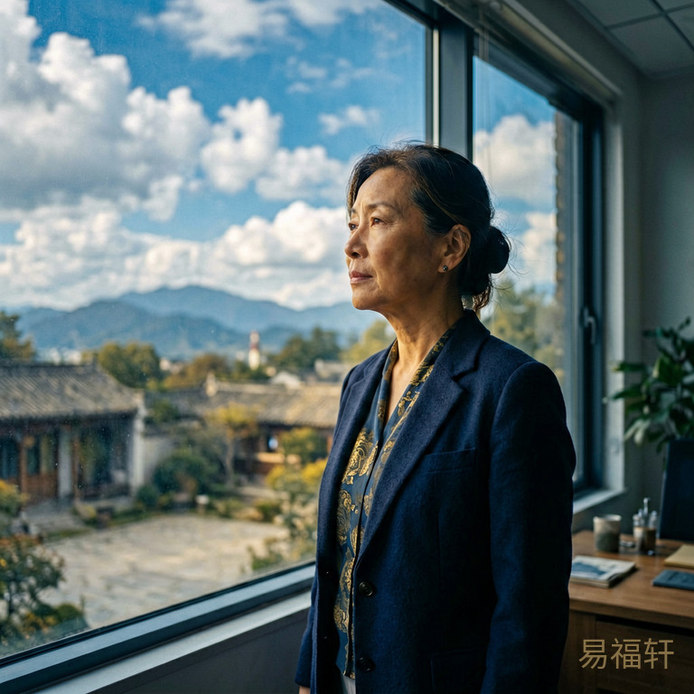 一位中年女性站在办公室窗前，望向远方，窗外是蓝天白云，神情若有所思