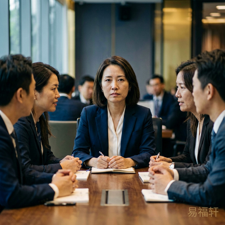 一位职场女性在会议中被忽视，同事们讨论热烈但她插不上话，表情隐忍而坚定