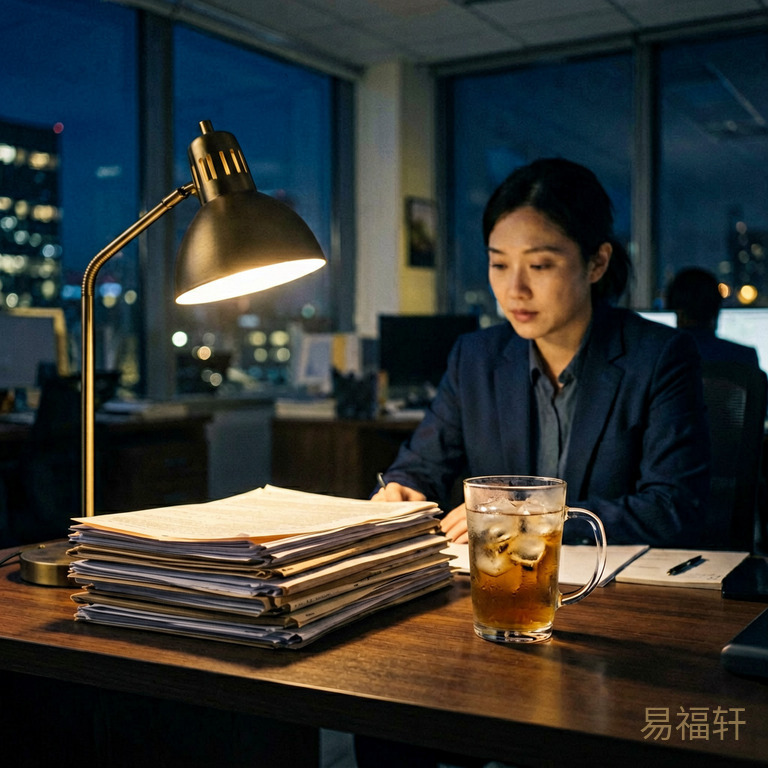深夜的办公室，只有一盏台灯亮着，桌上一堆文件，一杯已经凉了的咖啡