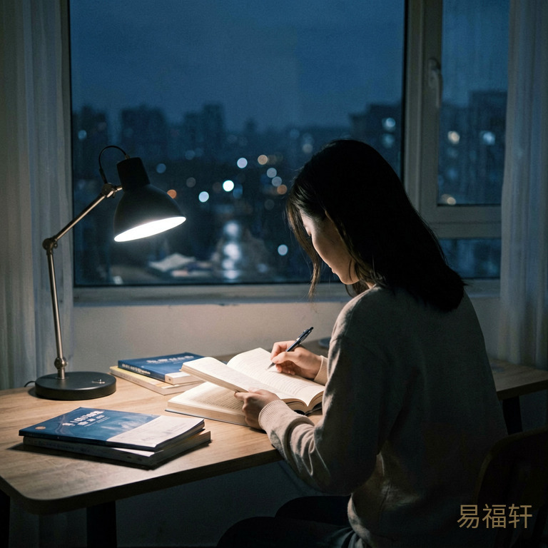 深夜书桌前一个女生背影,台灯光圈小小一团,窗外城市的灯都灭了,她还在翻书,桌上散着几本辅导资料