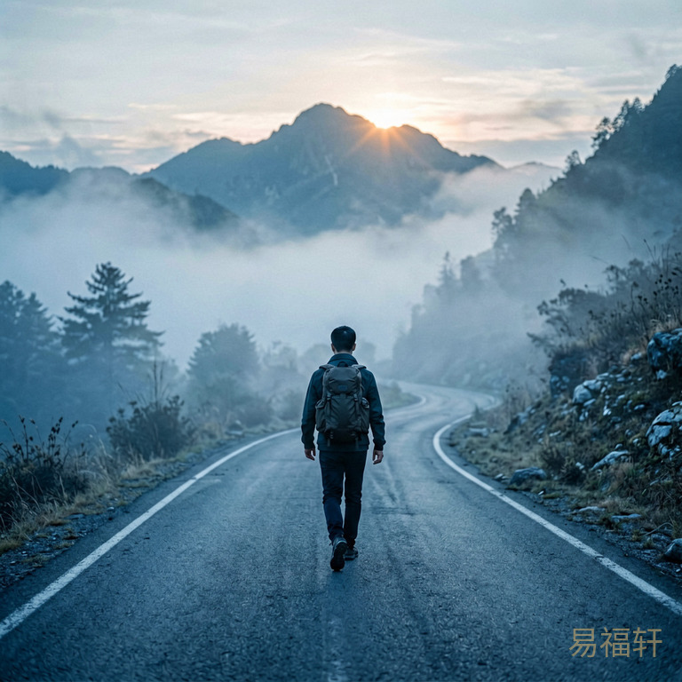 一条蜿蜒向上的山路,清晨薄雾里有个人在往上走,背包不大但脚步很稳,远处山尖刚被太阳照到