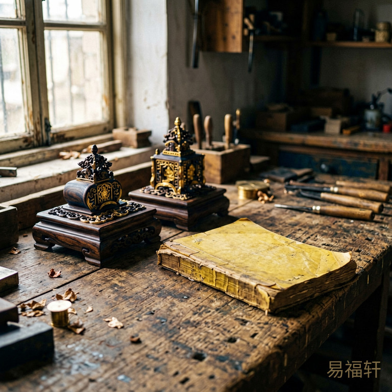 一张老旧的木工台上摆放着几件精致的手工木器，旁边是一本泛黄的账本，光线从窗户倾斜照入