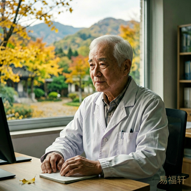 一位白发老医生坐在诊室里，神情温和但眉头微皱，窗外是秋天的黄叶
