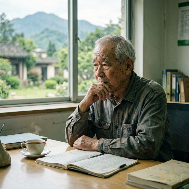 一位老医生在办公室里独自沉思，桌上放着茶杯和病历，光线柔和但神情落寞