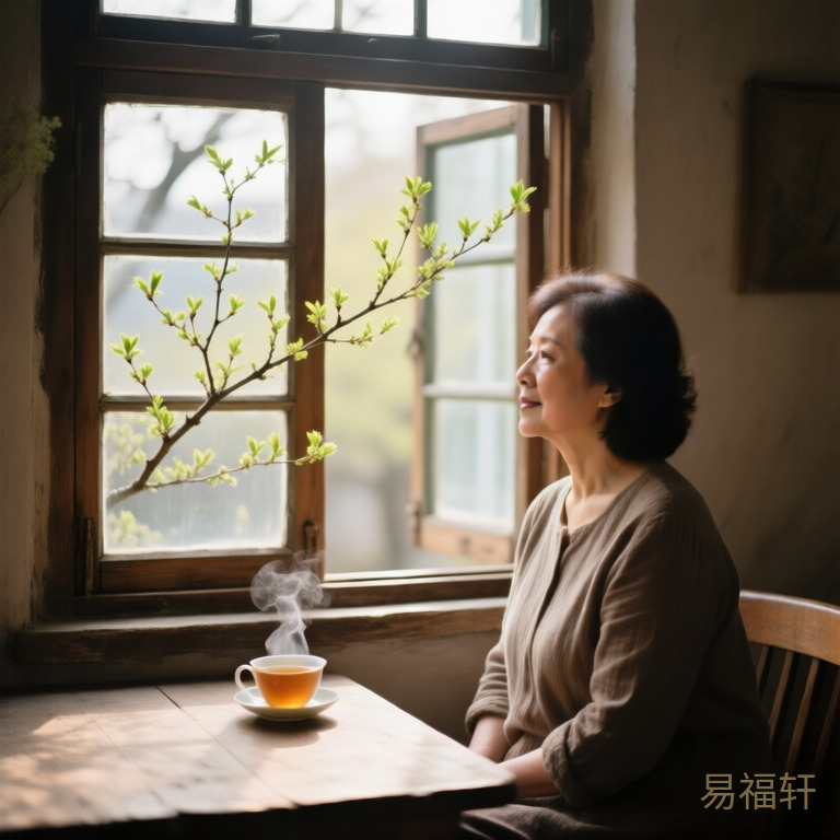 一位中年女性独坐在老式木窗旁，侧脸轮廓柔和沉静，窗外春天树枝正抽着嫩绿的新芽，桌上一杯茶冒着微微热气
