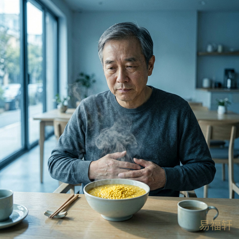 一位中年人坐在餐桌前,手轻轻放在腹部,表情疲惫但温柔,面前摆着一碗金黄的小米粥冒着热气