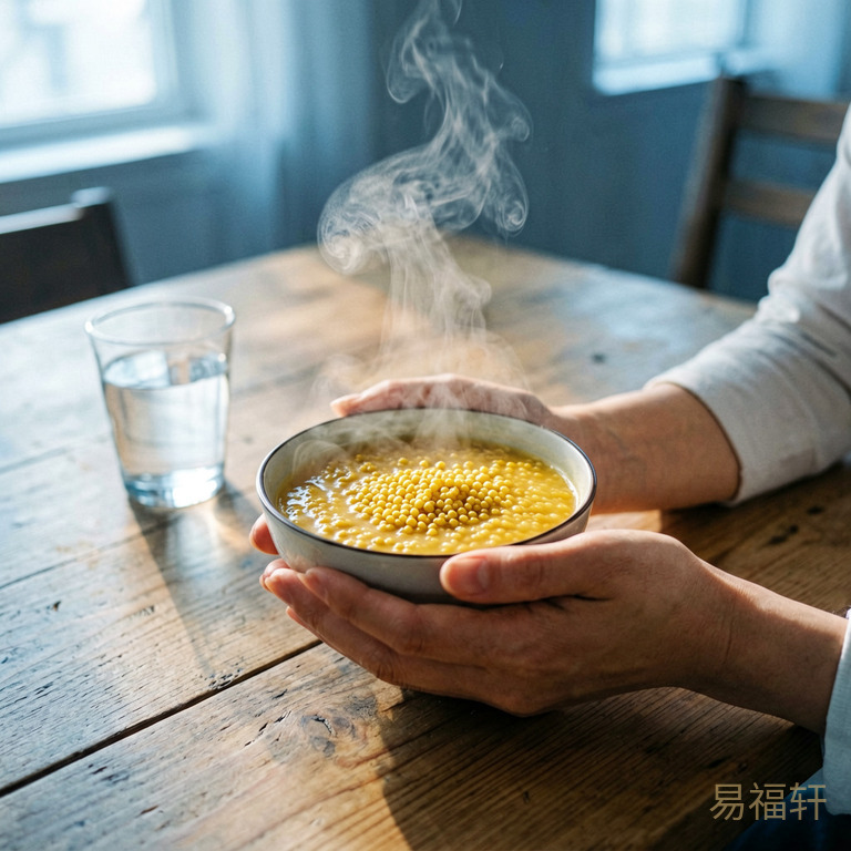 一双温暖的手捧着一碗金黄的小米南瓜粥,热气袅袅升起,旁边放着一杯温水,背景是清晨洒满阳光的木质餐桌