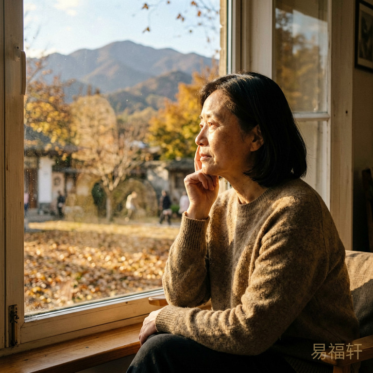 一位中年女性坐在窗前沉思，窗外是秋天的落叶和远山，阳光透过玻璃洒在她的侧脸上