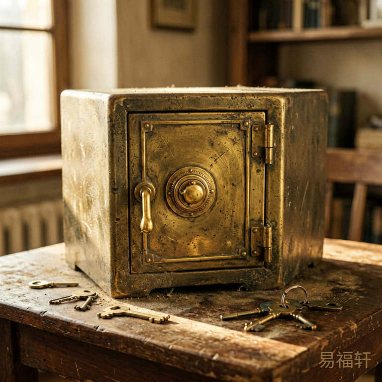一个古色古香的保险柜放在桌上，旁边散落着几把钥匙，阳光照在柜子表面的灰尘上